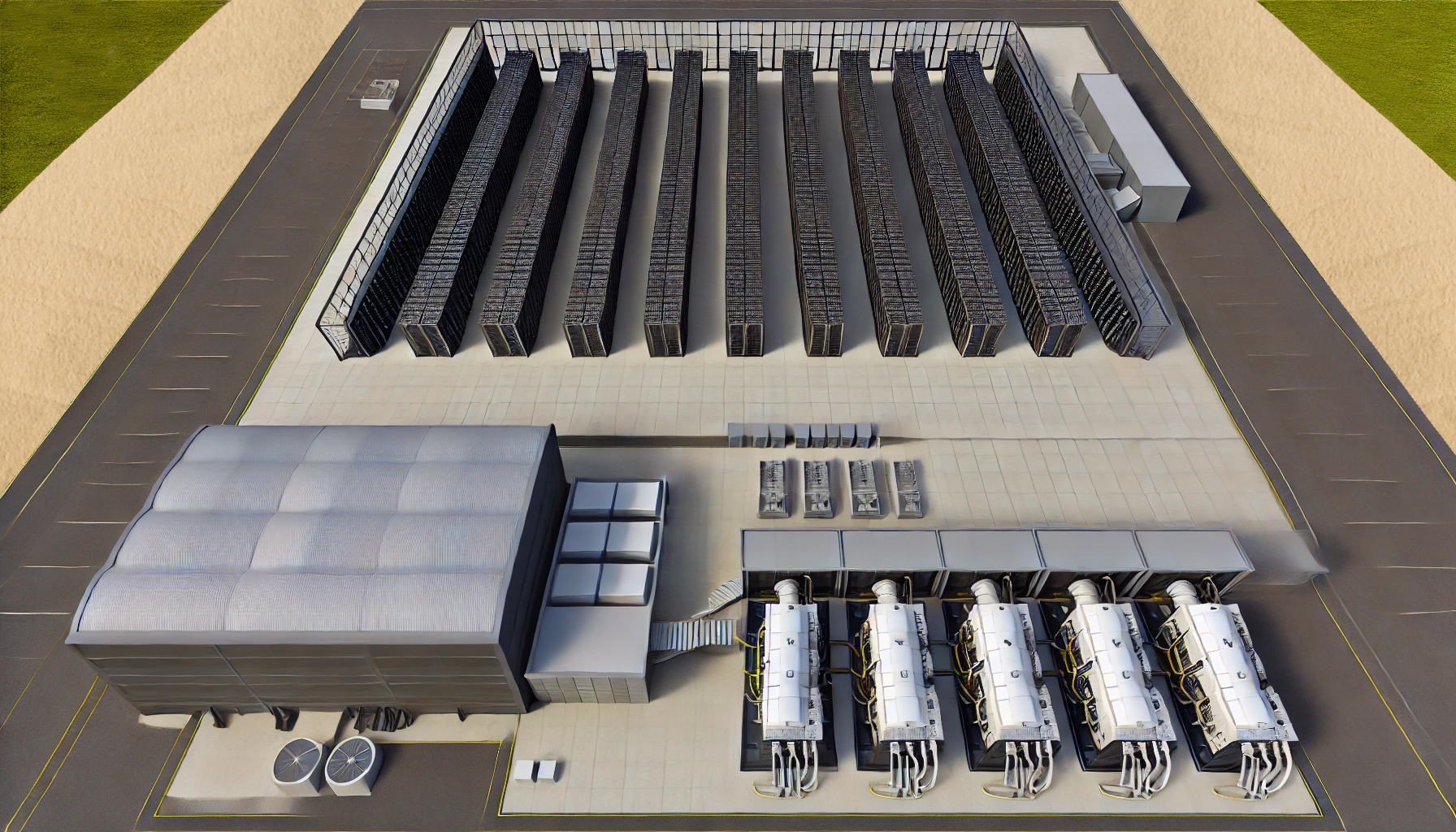 DALL·E 2024 10 12 09.46.56 Overhead View Of A Large Data Center With The Roof Removed, Revealing Rows And Rows Of Servers Inside. The Building Is Vast And Rectangular, Filled Wi